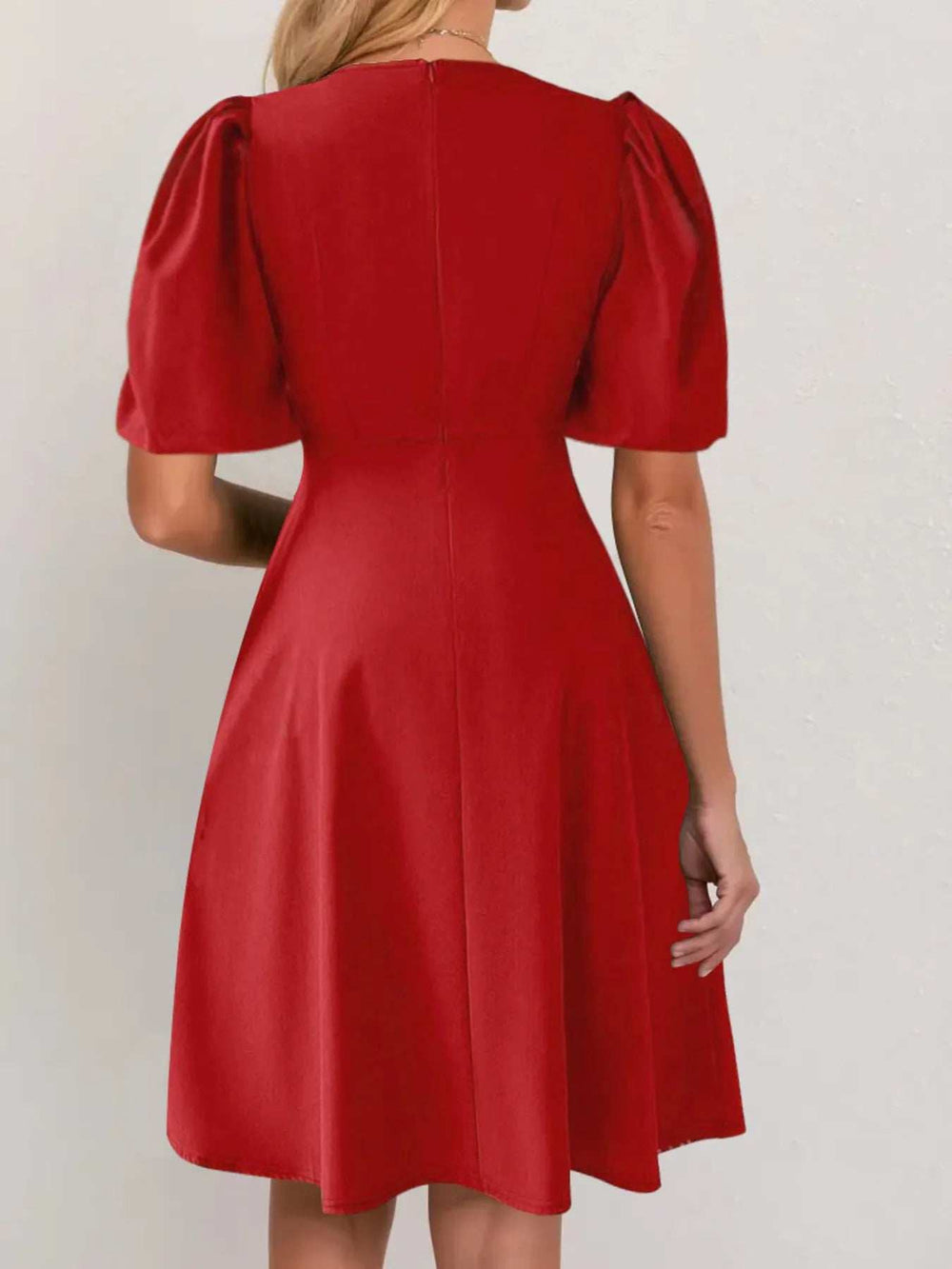 Round Neck Puff Sleeve A-Line Dress - Trendsi - Flyclothing LLC