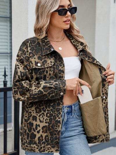 Pocketed Leopard Long Sleeve Denim Jacket - Trendsi - Flyclothing LLC