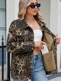 Pocketed Leopard Long Sleeve Denim Jacket - Trendsi - Flyclothing LLC