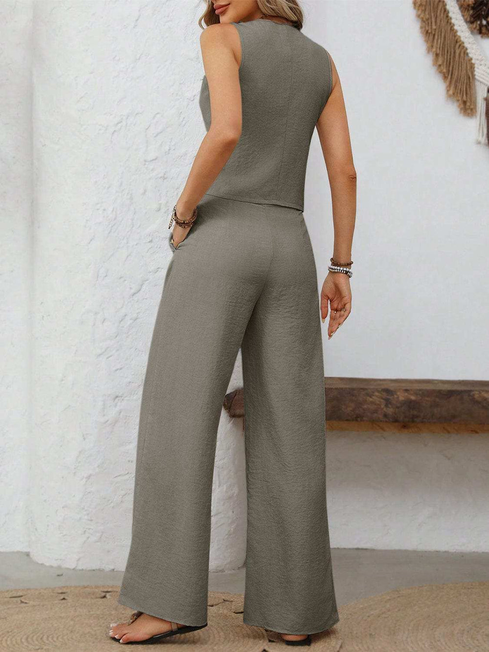 V-Neck Button Down Vest and Wide Leg Pants Set - Trendsi - Flyclothing LLC