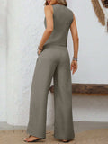 V-Neck Button Down Vest and Wide Leg Pants Set - Trendsi - Flyclothing LLC