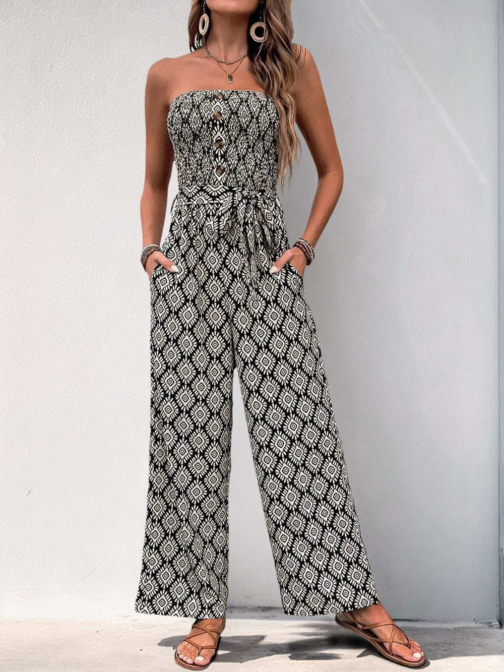 Perfee Printed Smocked Sleeveless Jumpsuit - Trendsi - Flyclothing LLC