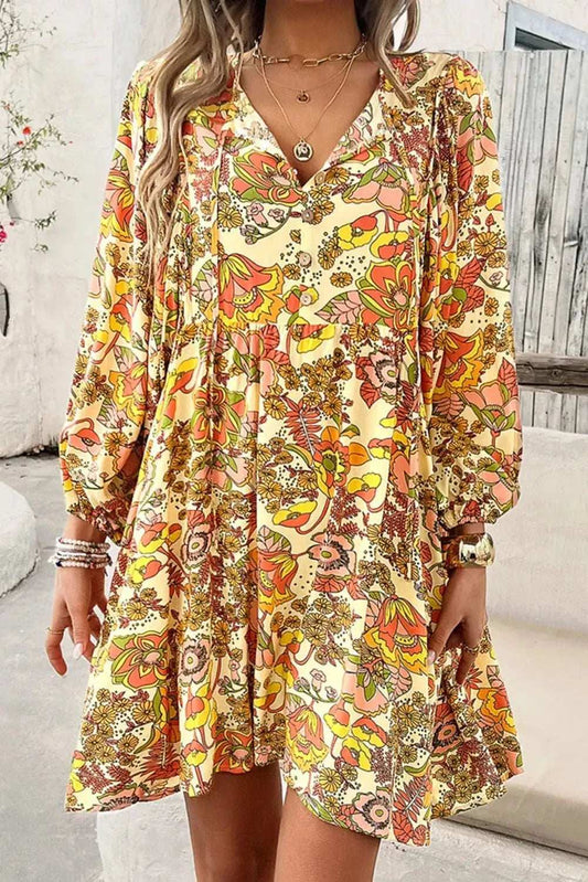 Printed Tie Neck Balloon Sleeve Mini Dress - Trendsi - Flyclothing LLC