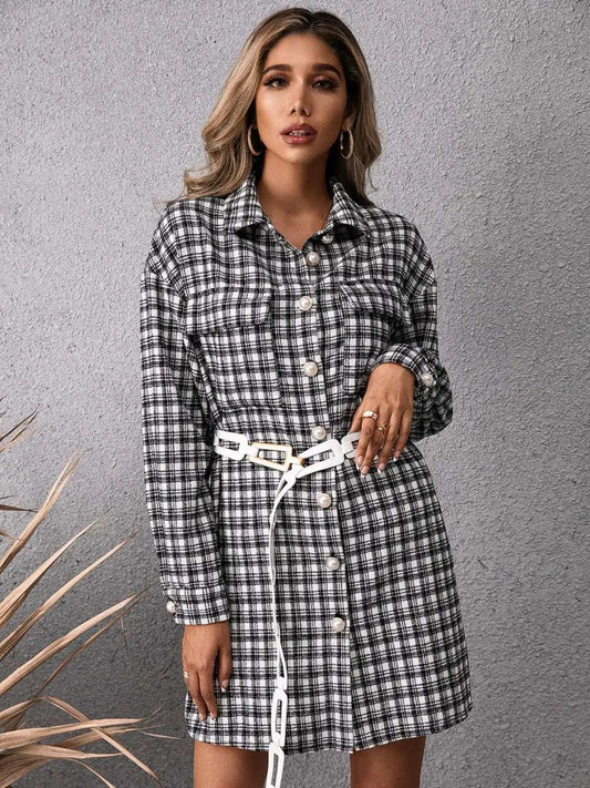 Pocketed Plaid Long Sleeve Mini Dress - Trendsi - Flyclothing LLC