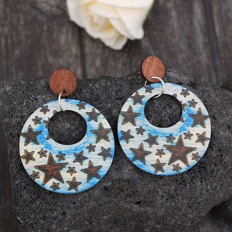 Cutout Star Print Wooden Dangle Earrings - Trendsi - Flyclothing LLC