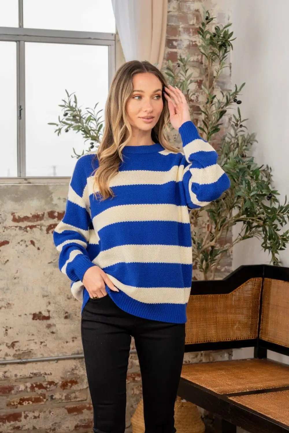 Sew In Love Full Size Contrast Striped Round Neck Sweater - Trendsi - Flyclothing LLC