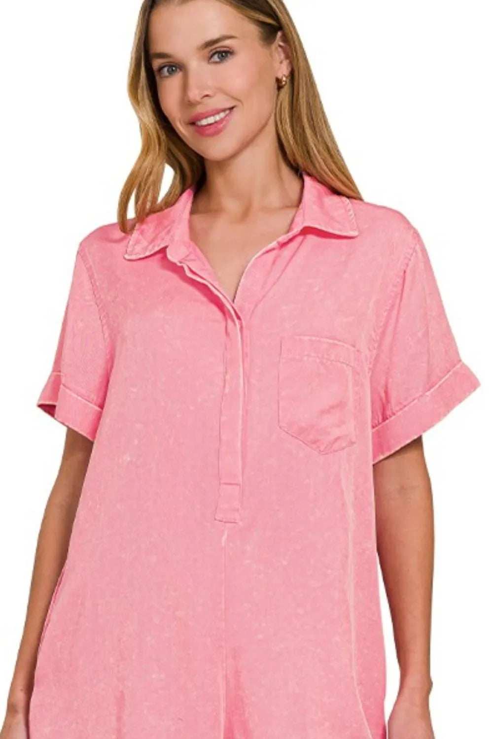 Zenana Tencel Mineral Washed Half Button Shirts Romper - Trendsi - Flyclothing LLC