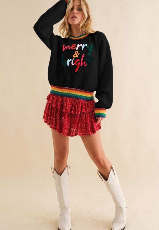 MERRY & BRIGHT Ribbed Round Neck Sweater - Trendsi - Flyclothing LLC