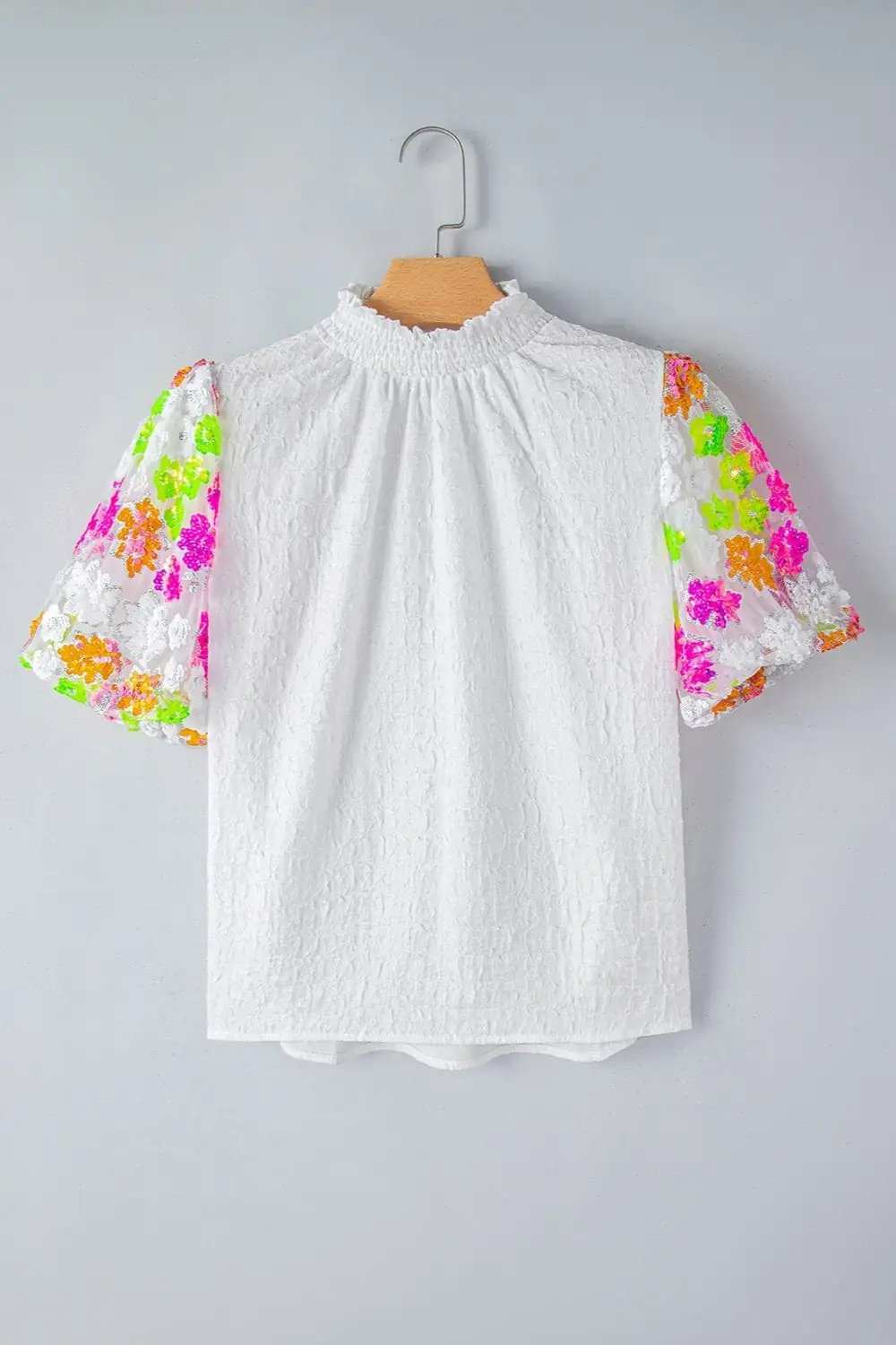 Sequin Flower Mock Neck Half Sleeve Blouse - Trendsi - Flyclothing LLC