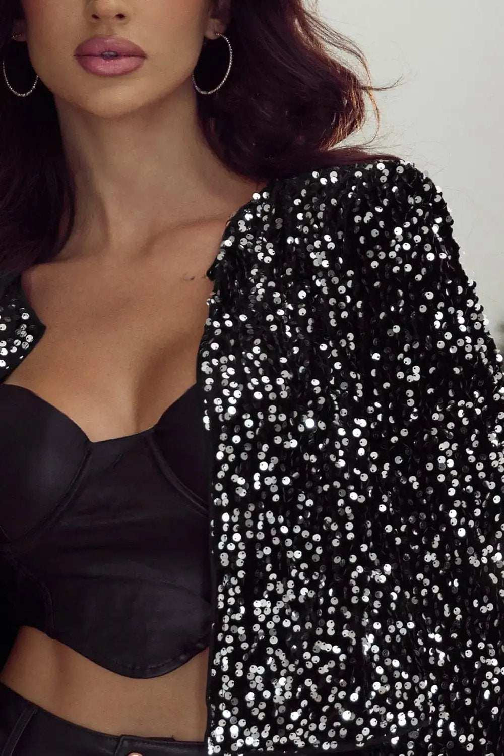 Sequin Open Front Long Sleeve Jacket - Trendsi - Flyclothing LLC