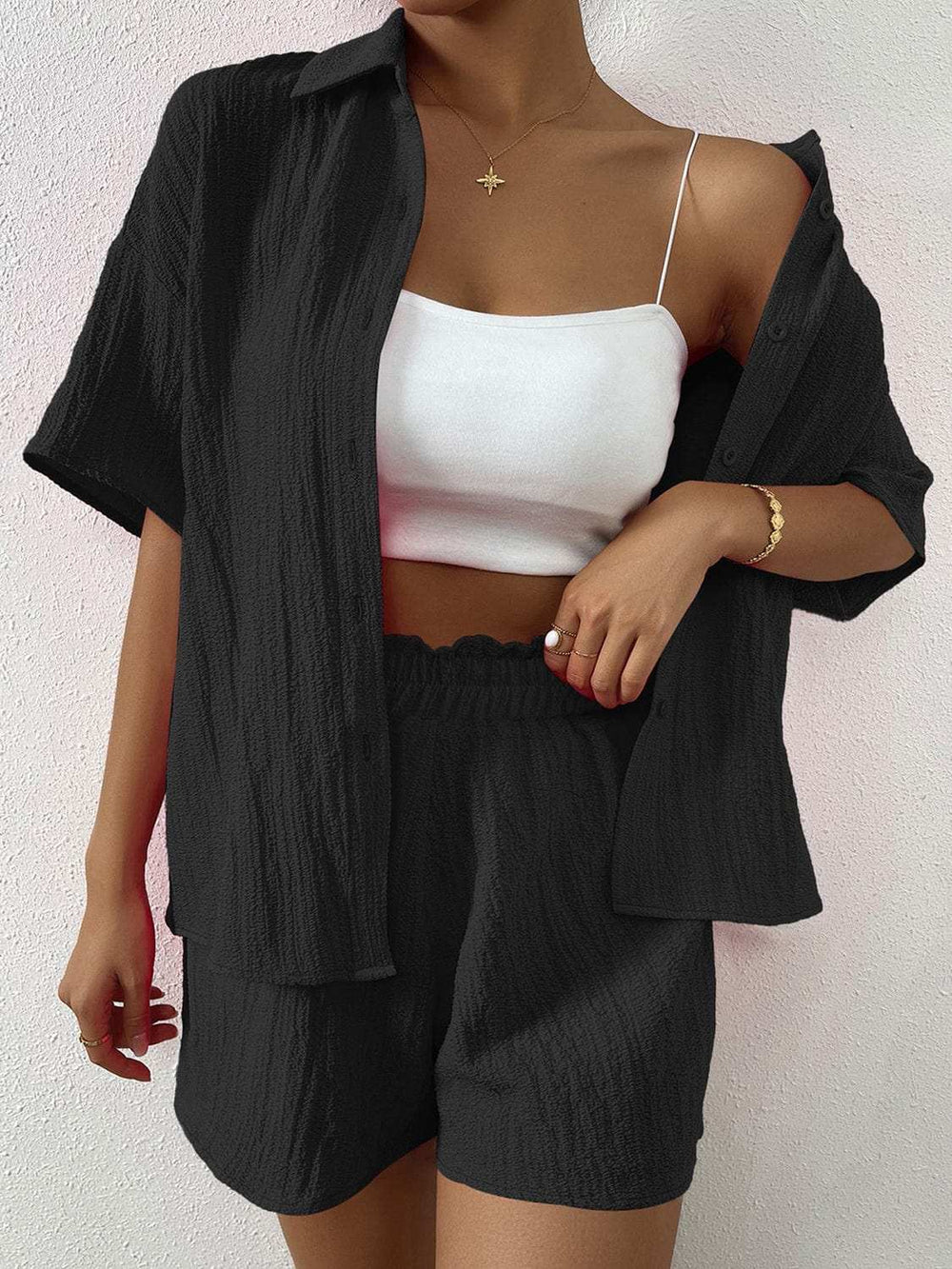 Button Up Half Sleeve Top and Shorts Set - Trendsi - Flyclothing LLC