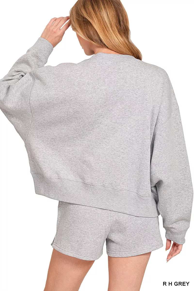 Zenana Fleece Round Neck Sweatshirt and Shorts Set - Trendsi - Flyclothing LLC
