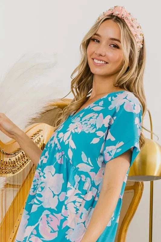 BiBi Floral Crinkle Shirred Ruffle Detail V Neck Dress - Trendsi - Flyclothing LLC