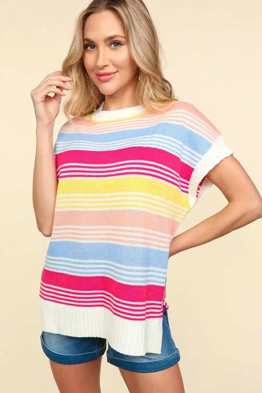 Haptics Striped Side Slit Short Sleeve Knit Top - Trendsi - Flyclothing LLC