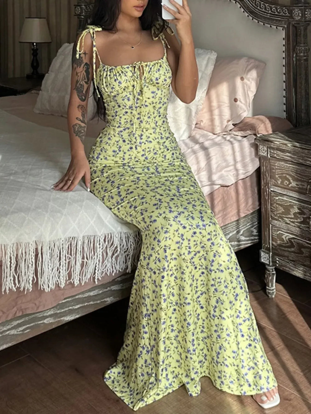Floral Print Tie Strap Bodycon Maxi Dress - Trendsi - Flyclothing LLC
