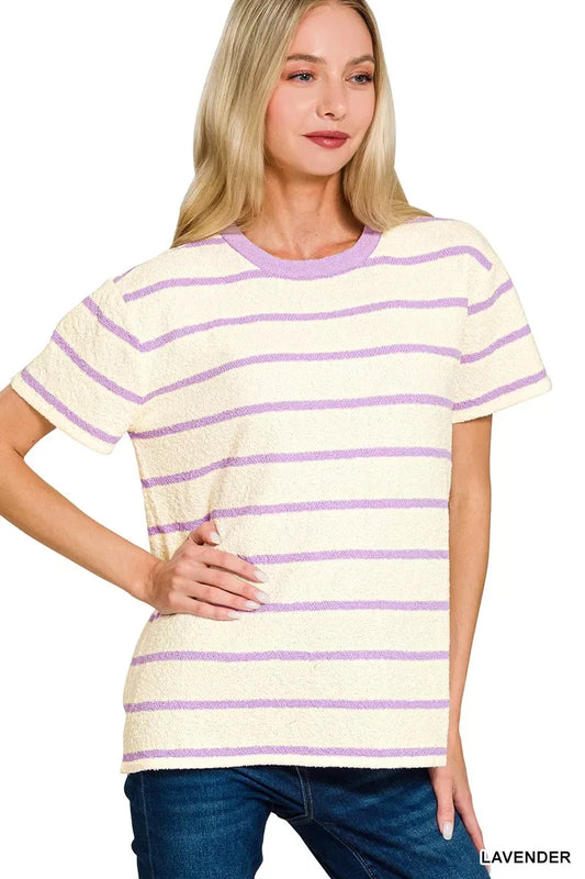 Zenana Textured Striped Crew Neck T-Shirt - Trendsi - Flyclothing LLC