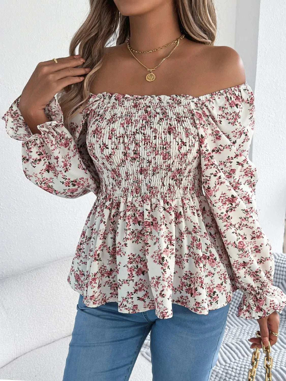 Floral Square Neck Flounce Sleeve Blouse - Trendsi - Flyclothing LLC