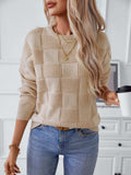 Checkered Round Neck Long Sleeve Sweater - Trendsi - Flyclothing LLC