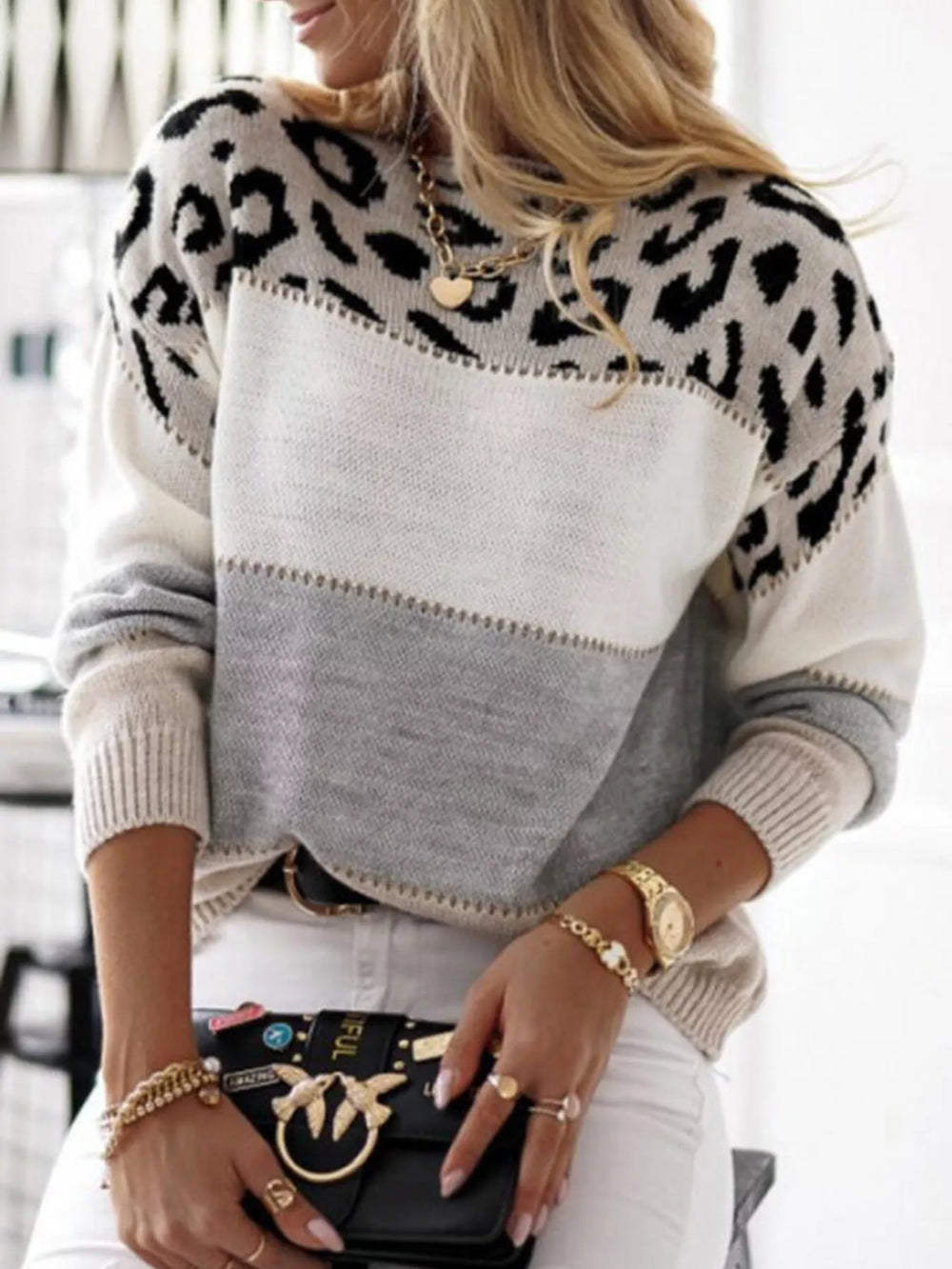 Full Size Leopard Color Block Long Sleeve Sweater Plus Size - Trendsi - Flyclothing LLC