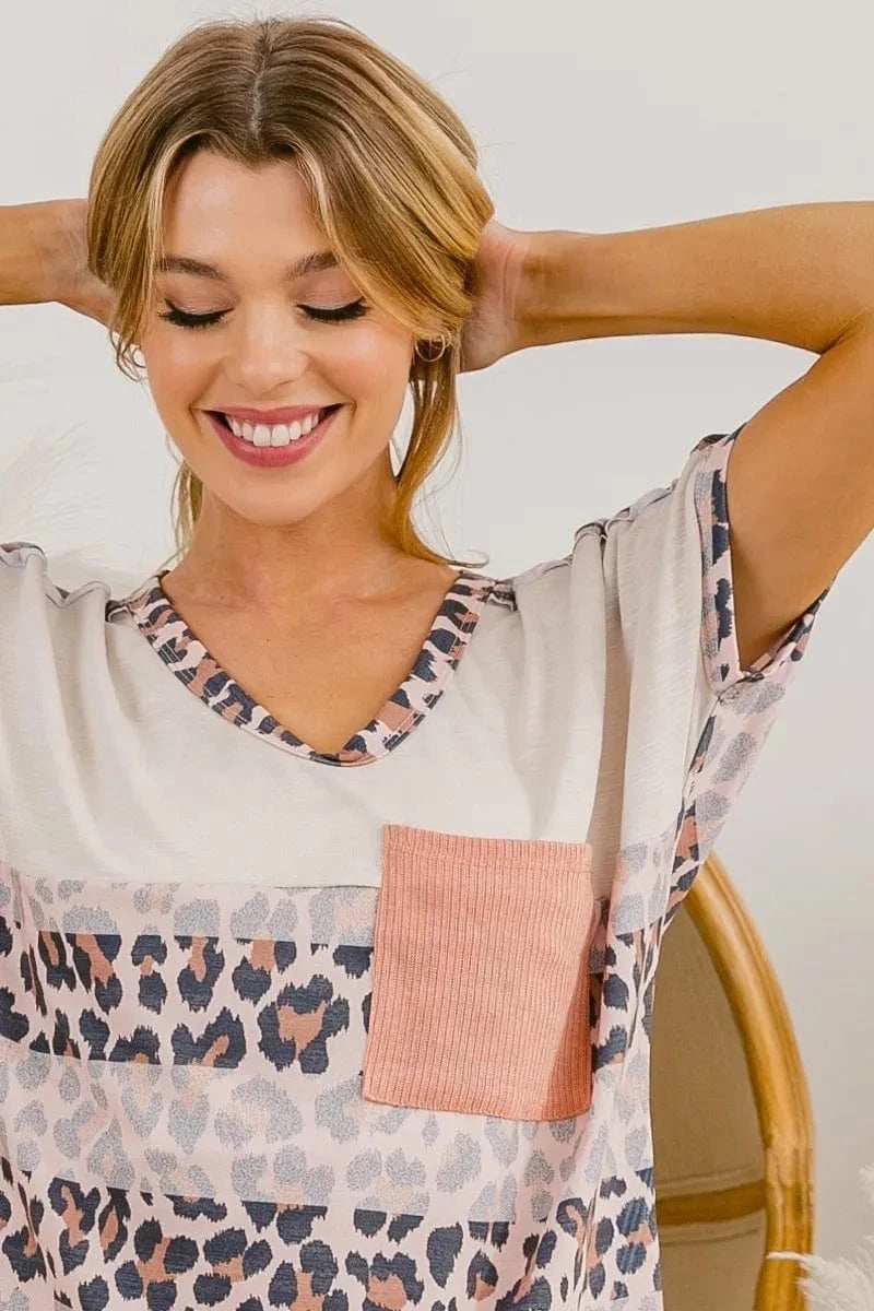 BiBi Leopard Stripe with Slub Terry Color Block T-Shirt - Trendsi - Flyclothing LLC