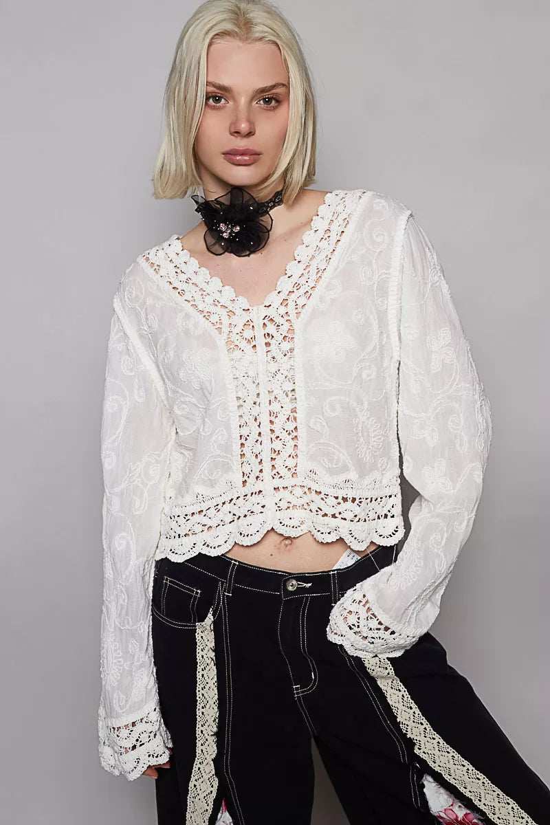 POL Long Sleeve Cropped Crochet Top with Floral Embroidery Detail - Trendsi - Flyclothing LLC