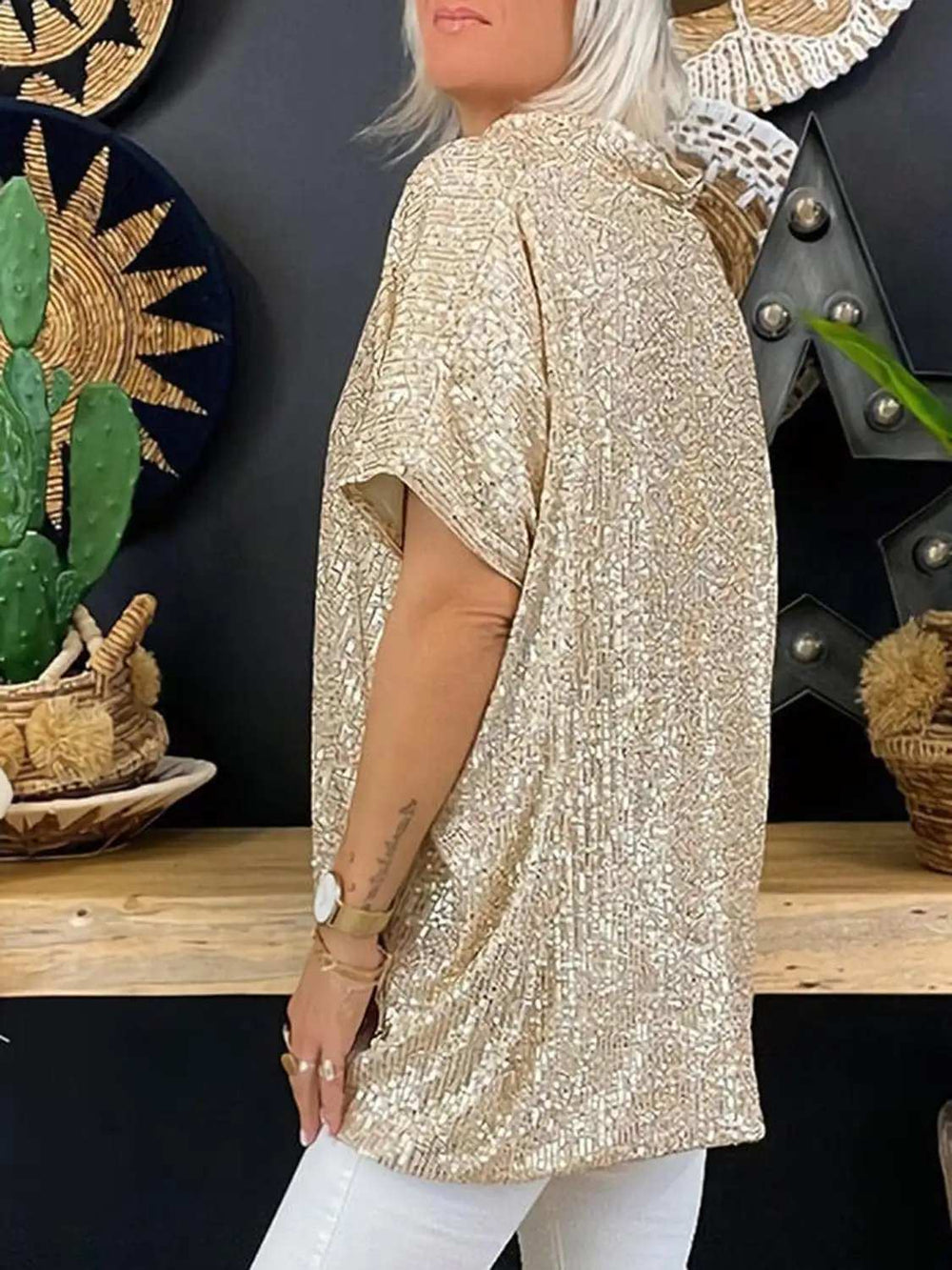 Full Size Sequin V-Neck Short Sleeve Top - Trendsi - Flyclothing LLC