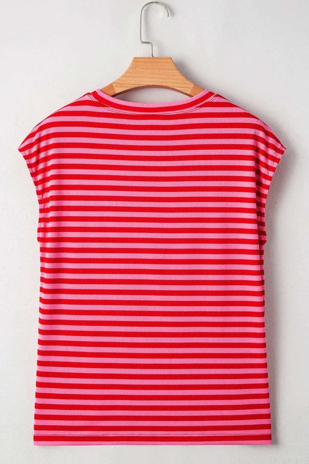 Stripe Ribbed Cap Sleeve Round Neck T Shirt - Trendsi - Flyclothing LLC