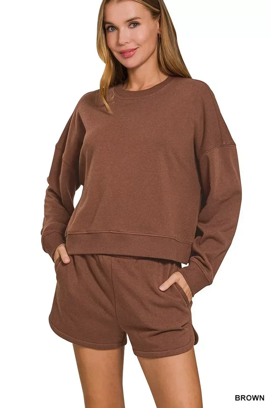 Zenana Fleece Long Sleeve Sweatshirts and Shorts Set - Trendsi - Flyclothing LLC