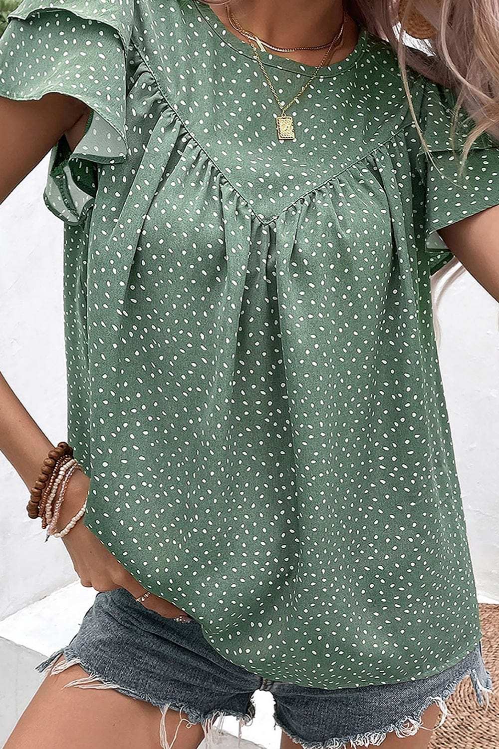 Ruffled Printed Round Neck Cap Sleeve Blouse - Trendsi - Flyclothing LLC