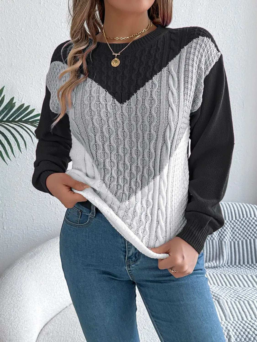 Contrast Round Neck Long Sleeve Sweater - Trendsi - Flyclothing LLC