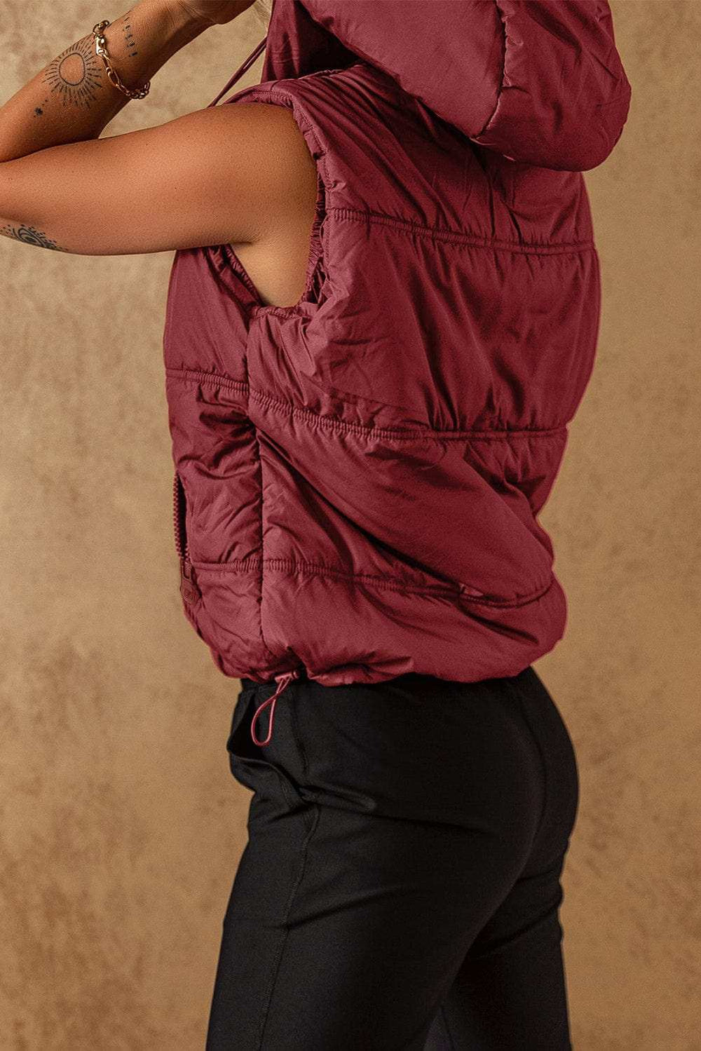 Drawstring Zip Up Hooded Vest Coat - Trendsi - Flyclothing LLC