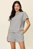Double Take Full Size Texture Short Sleeve T-Shirt and Drawstring Shorts Set - Trendsi - Flyclothing LLC