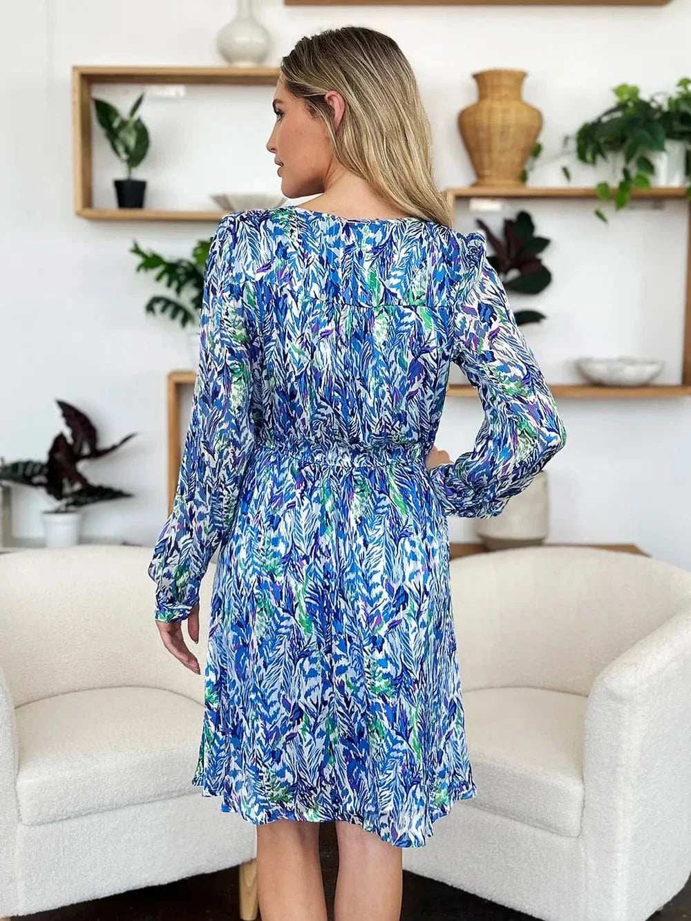 Double Take Full Size Printed Drawstring Waist Long Sleeve Dress - Trendsi - Flyclothing LLC