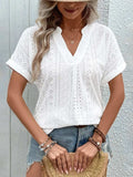 Eyelet Notched Short Sleeve Blouse - Trendsi - Flyclothing LLC