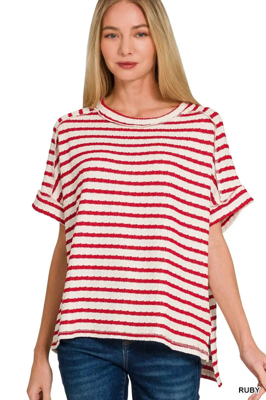 Zenana Stripe Jacquard Round-Meck Tee - Trendsi - Flyclothing LLC