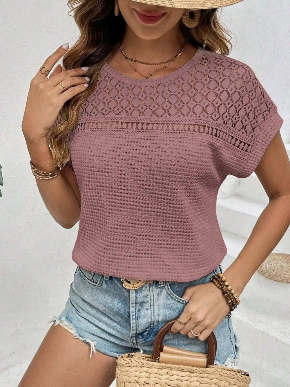 Waffle-Knit Round Neck Short Sleeve Top - Trendsi - Flyclothing LLC