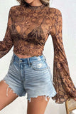 Printed Mock Neck Flare Sleeve Top - Trendsi - Flyclothing LLC