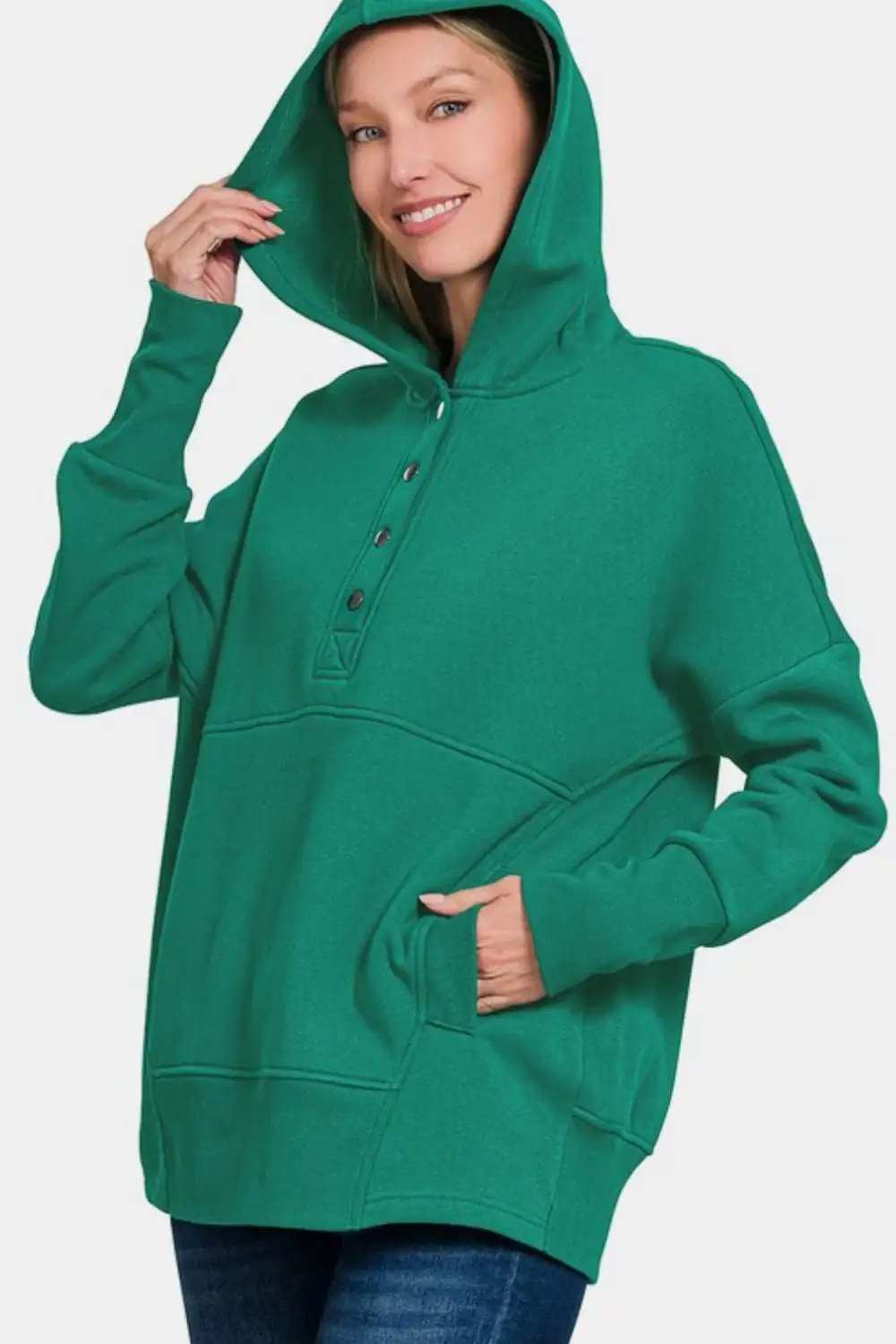 Zenana Half Snap Long Sleeve Hoodie with Kangaroo Pocket - Trendsi - Flyclothing LLC