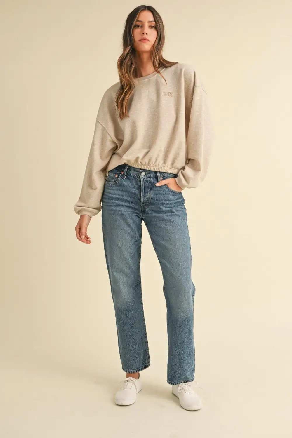 Mable Round Neck Letter Embroidery Crop Sweatshirt - Trendsi - Flyclothing LLC