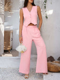 Devine Button Down Vest and Wide Leg Pants Set - Trendsi - Flyclothing LLC