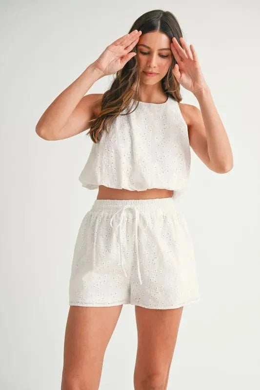 MABLE Eyelet Bubble Hem Sleeveless Top and Shorts Set - Trendsi - Flyclothing LLC