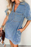 Short Sleeve Collared Patched Pocket Denim Mini Dress - Trendsi - Flyclothing LLC