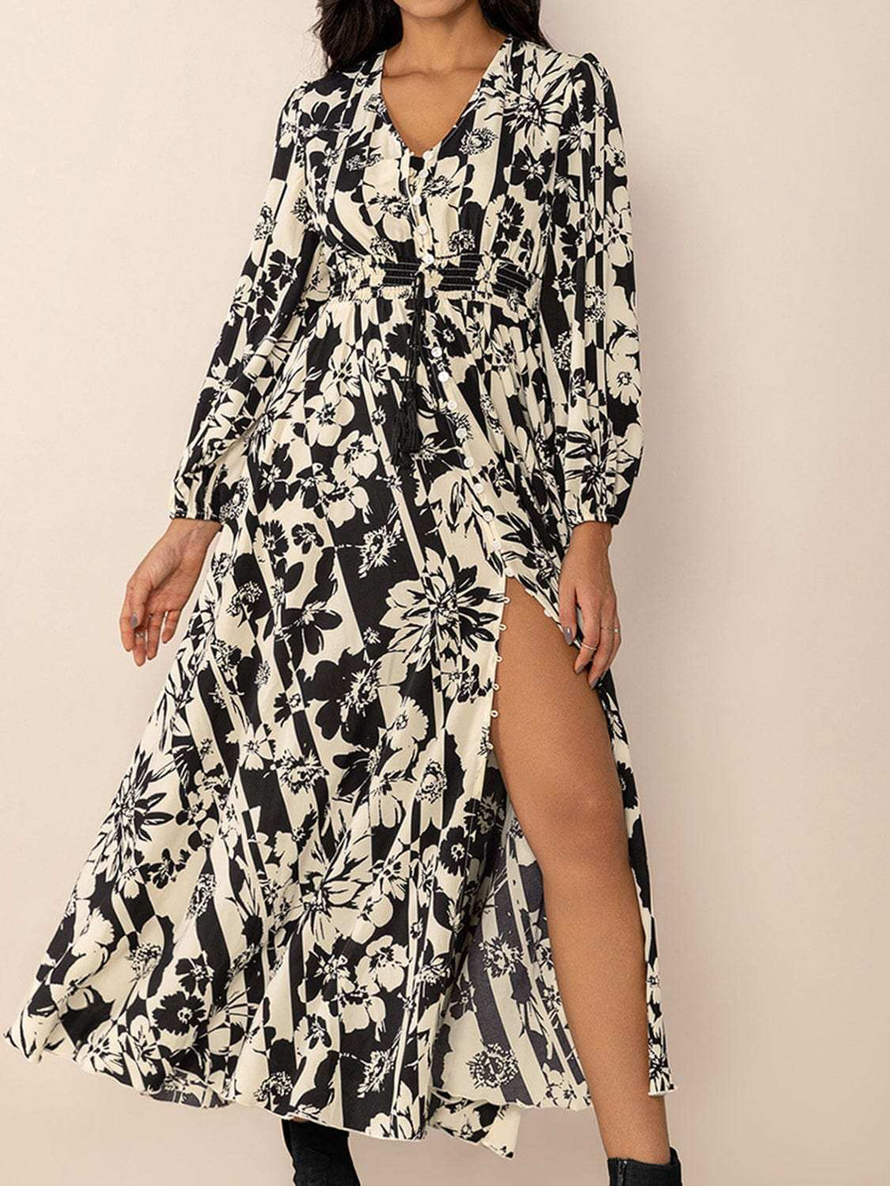 Tied Printed V-Neck Long Sleeve Midi Dress - Trendsi - Flyclothing LLC