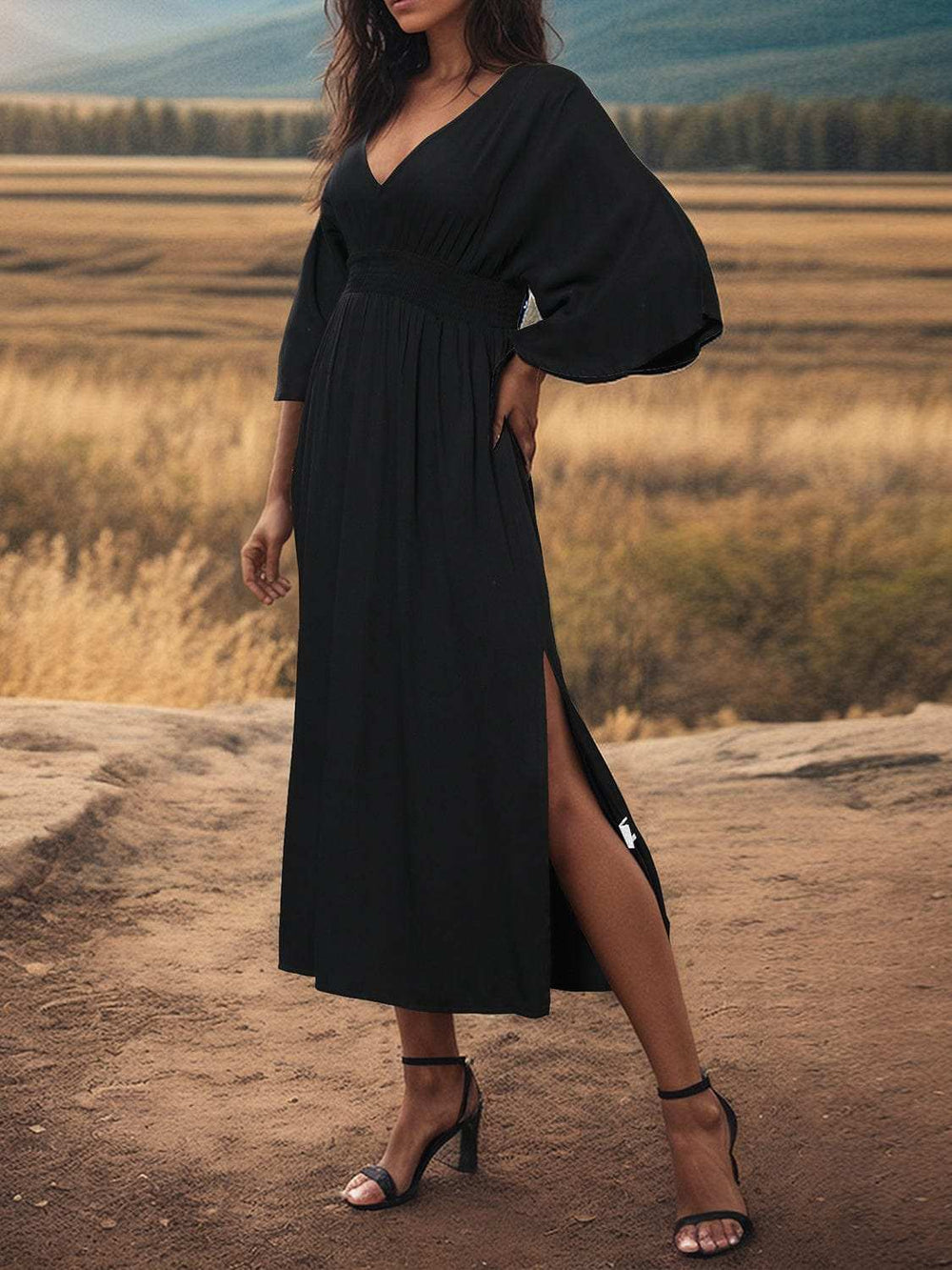 Slit V-Neck Long Sleeve Midi Dress - Trendsi - Flyclothing LLC