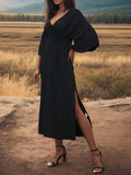 Slit V-Neck Long Sleeve Midi Dress - Trendsi - Flyclothing LLC
