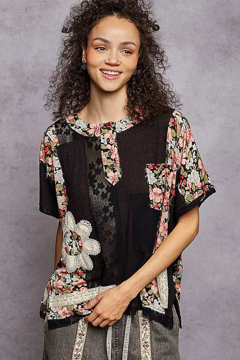 POL Lace Round Neck Short Sleeve Floral Pattern Top with Patch Detail - Trendsi - Flyclothing LLC