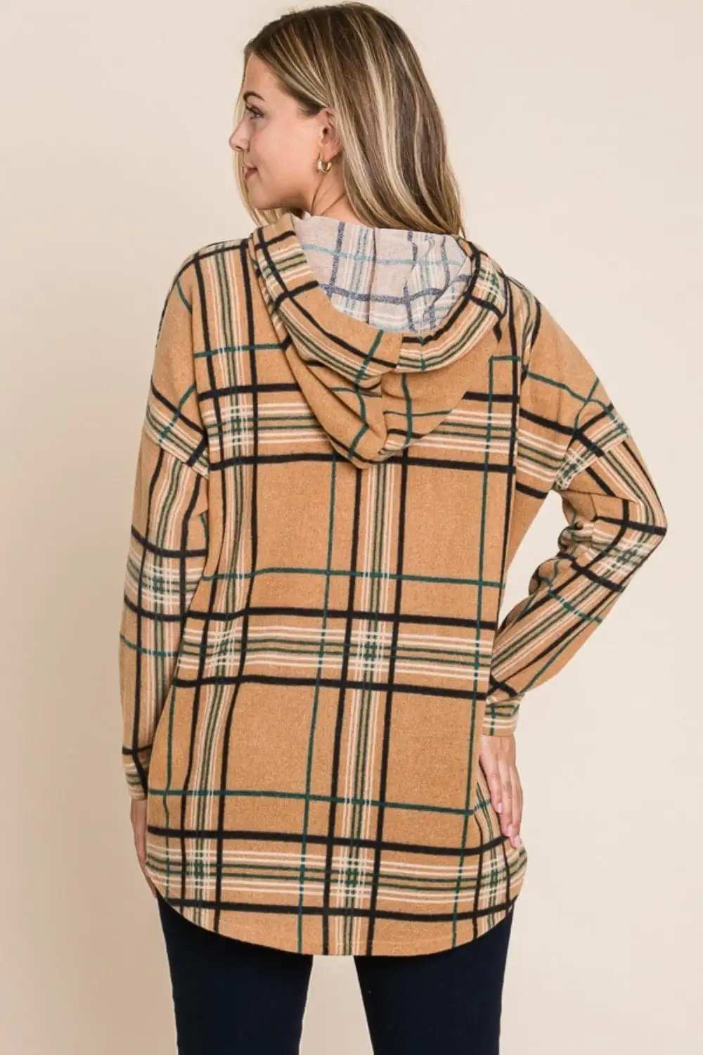 BOMBOM Drawstring Plaid Long Sleeve Hoodie - Trendsi - Flyclothing LLC