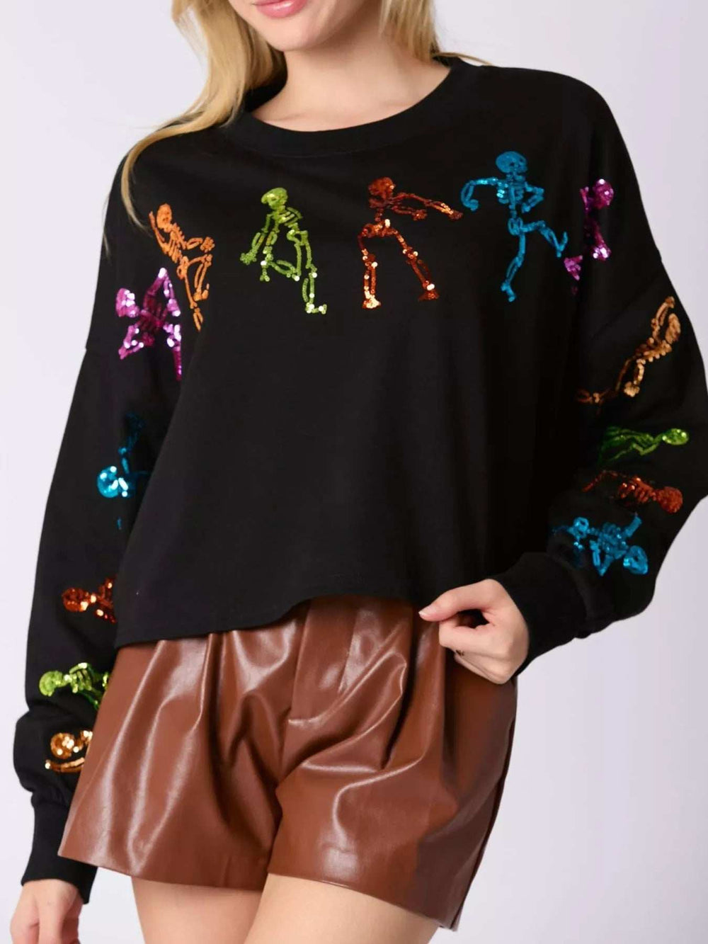 Halloween Colorful Sequin Skeleton Sweatshirt - Trendsi - Flyclothing LLC