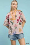 Umgee Floral Puff Sleeve Blouse with Scallop Trim Collar - Trendsi - Flyclothing LLC