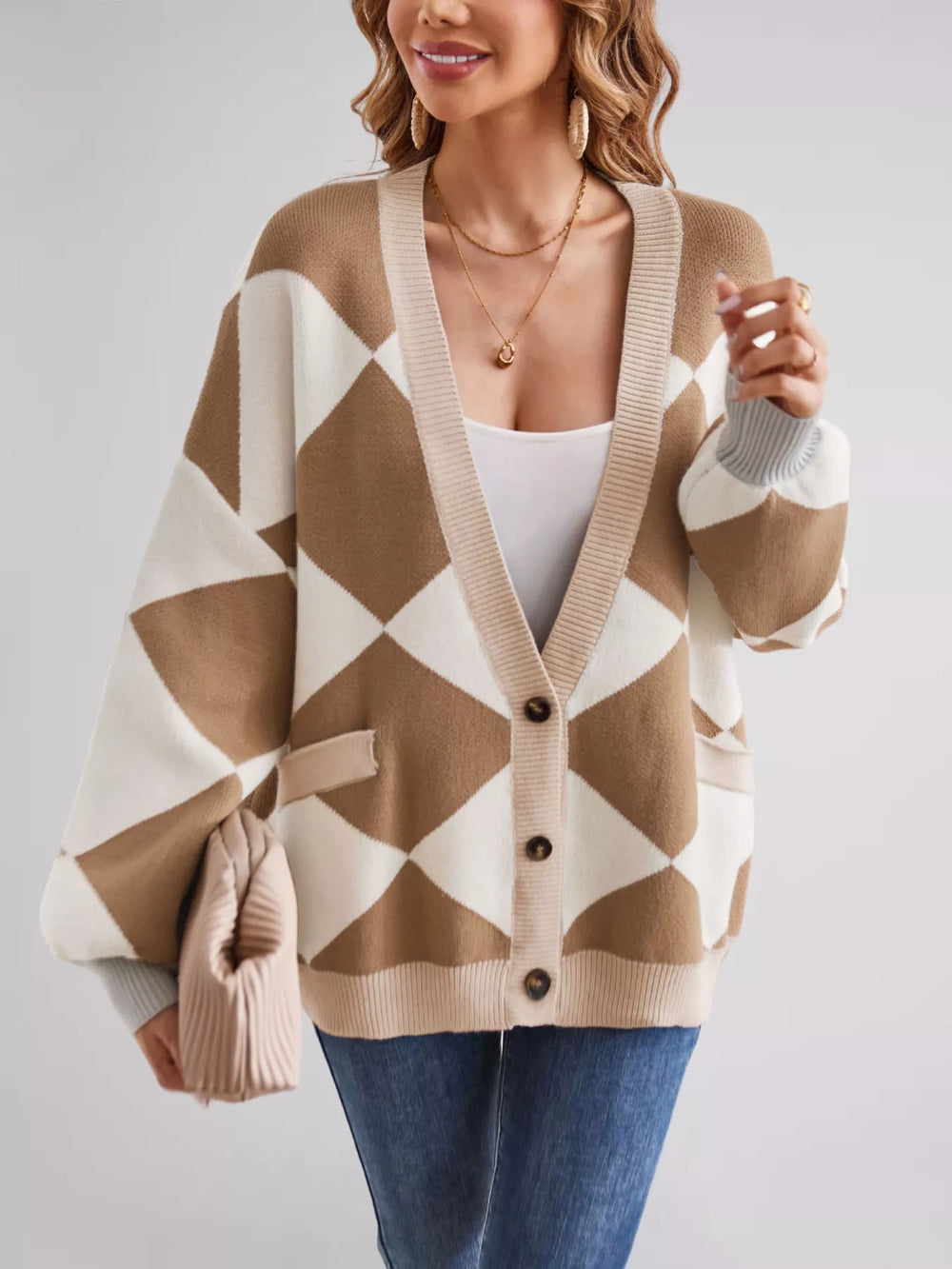 Diamond Pattern Button-Up Knit Cardigan - Trendsi - Flyclothing LLC